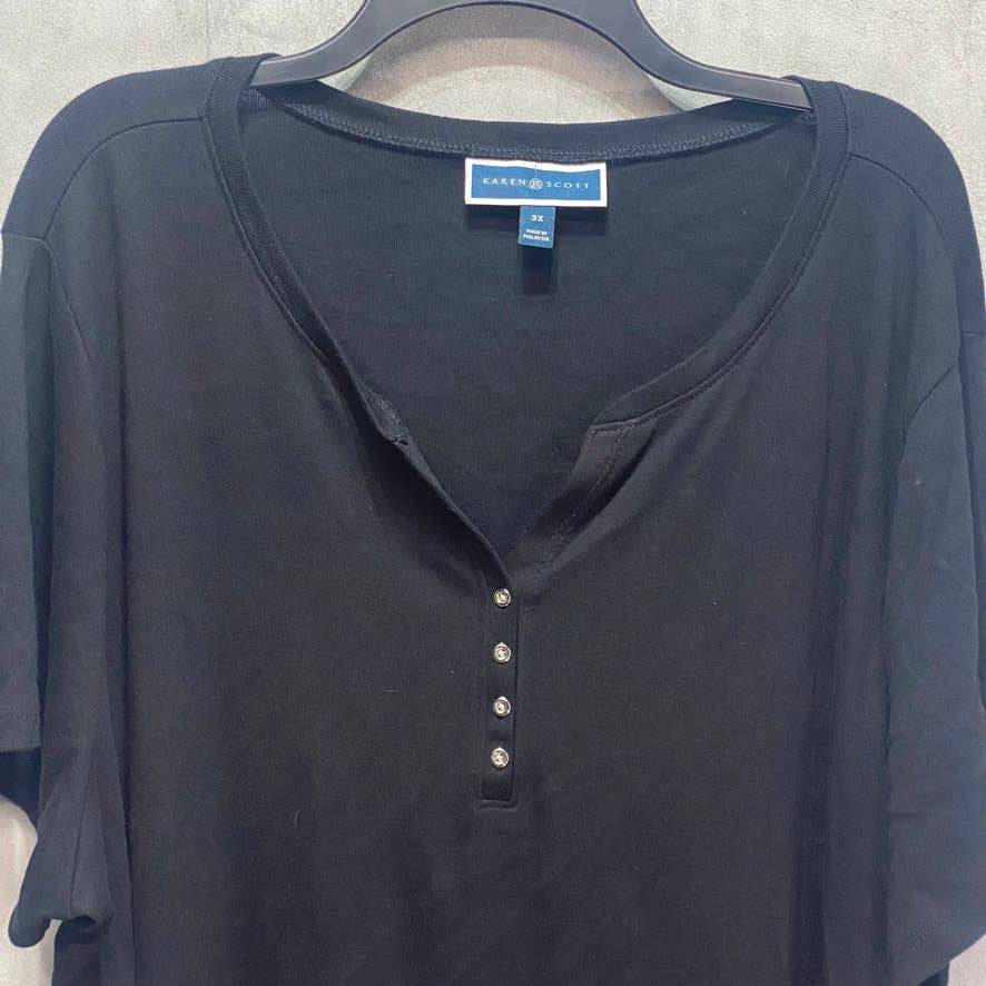 KAREN SCOTT Plus Size Solid Black Cotton Split Neck Short Sleeve Henley Top SZ 3X