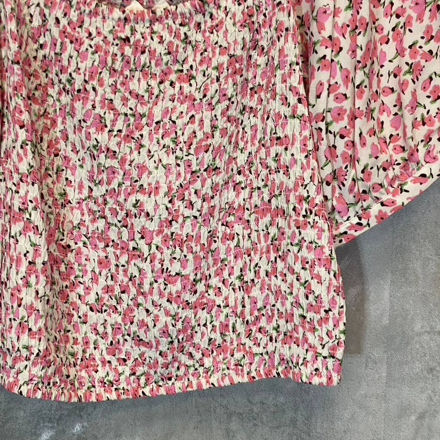 SOPHIE RUE Women's Pink Floral Print Shirred Blouse Puffy Sleeve Top SZ XL