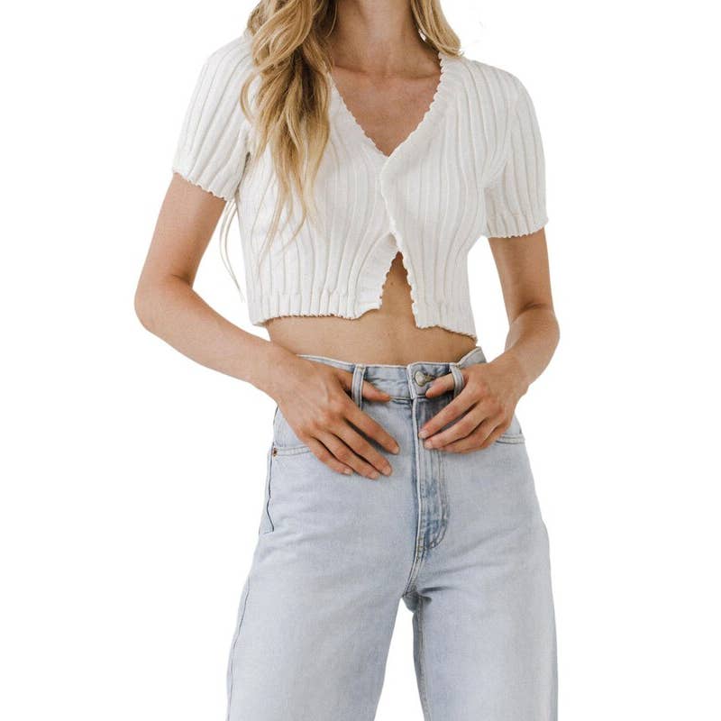 ENDLESS ROSE Women's White Ruffle Knit V-Neck Short Sleeve Crop Top SZ M