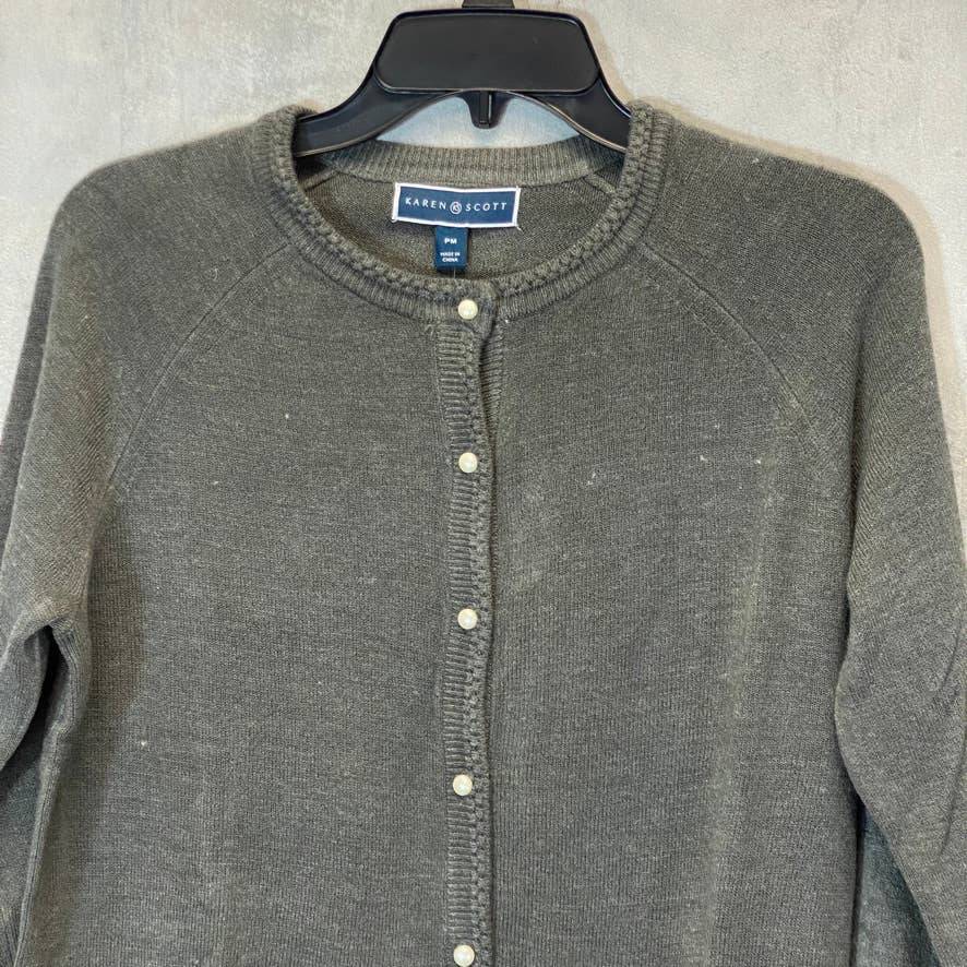 KAREN SCOTT Women's Petite Charcoal Luxsoft Pearl-Style-Button Cardigan SZ P/M