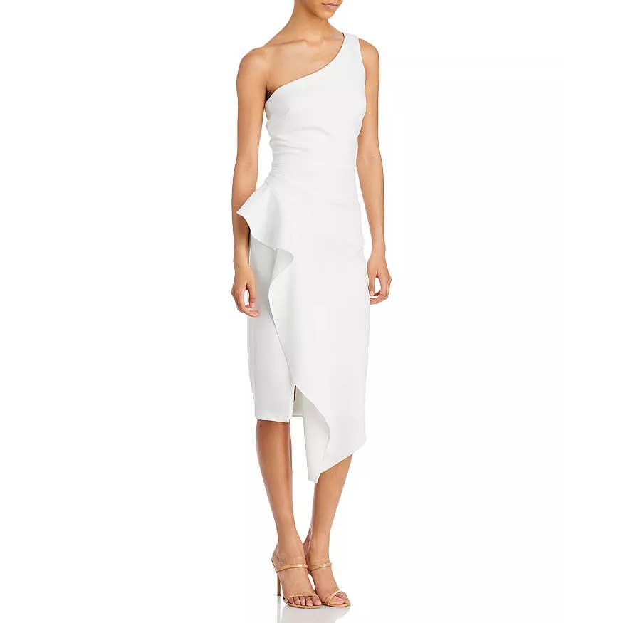 AQUA FORMAL Women's White One-Shoulder Scuba Crepe Midi Sheath Dress SZ 4