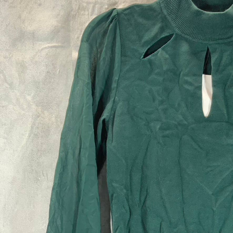 INC INTERNATIONAL Women's Dark Green Mock-Neck Cutout Long Puff Sleeve Top SZ S