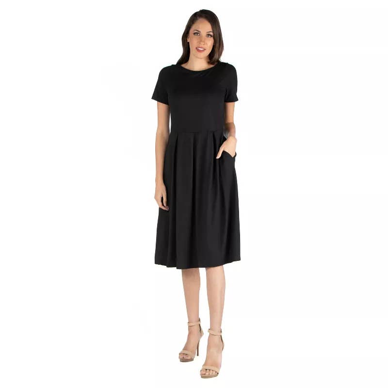 24SEVEN COMFORT Women's Black Short Sleeve Pocket Detail Midi Dress SZ S