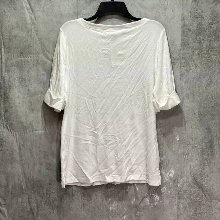 KAREN SCOTT Solid White Cuffed Elbow Sleeve Boatneck Top SZ L