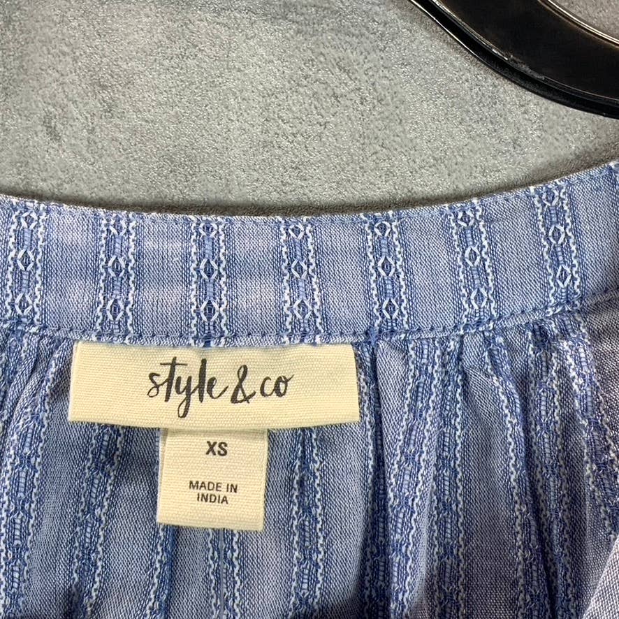 STYLE & CO Women's Pg Chambray Square-Neck Short-Sleeve Pointelle Top SZ XS