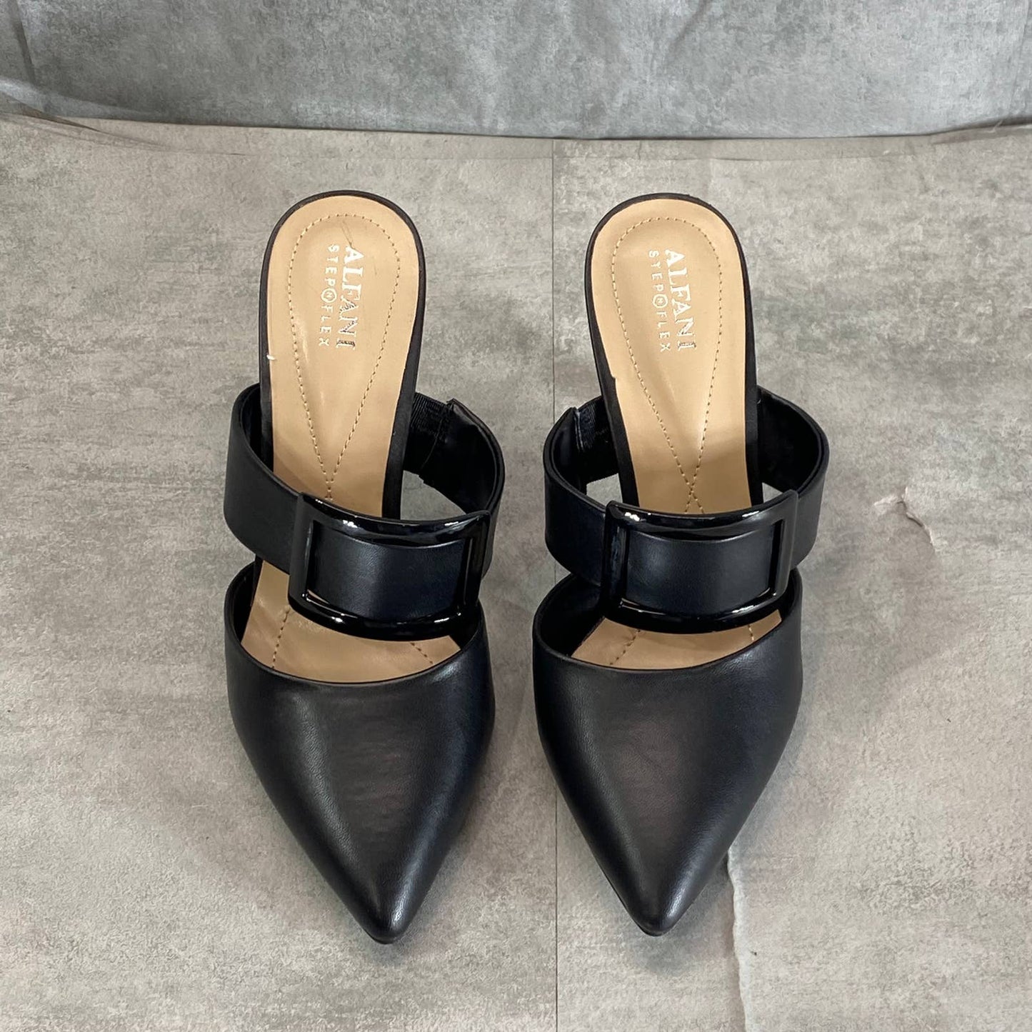 ALFANI Women's Black Smooth Sima Two-Piece Buckle Pointed-Toe Stiletto Mules