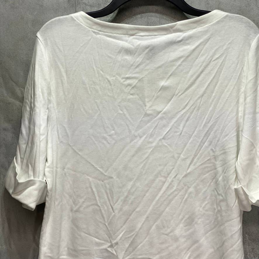 KAREN SCOTT Solid White Cuffed Elbow Sleeve Boatneck Top SZ L