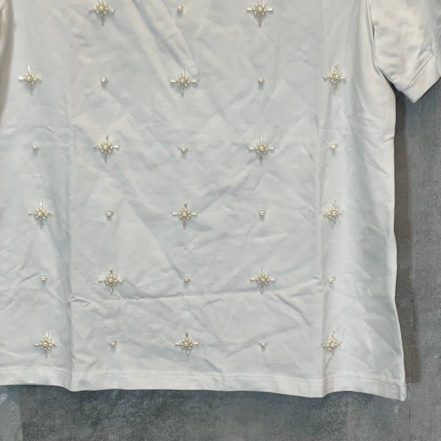 CHARTER CLUB Women's Bright White Bead-Embellished Crewneck Short Sleeve Top SZ S
