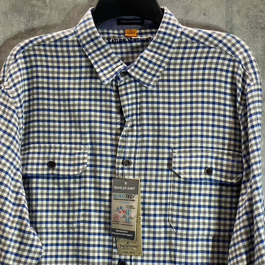TAILOR VINTAGE Men's Airotec Performance Blue Gingham Long-Sleeve Button-Up Shirt SZ XL