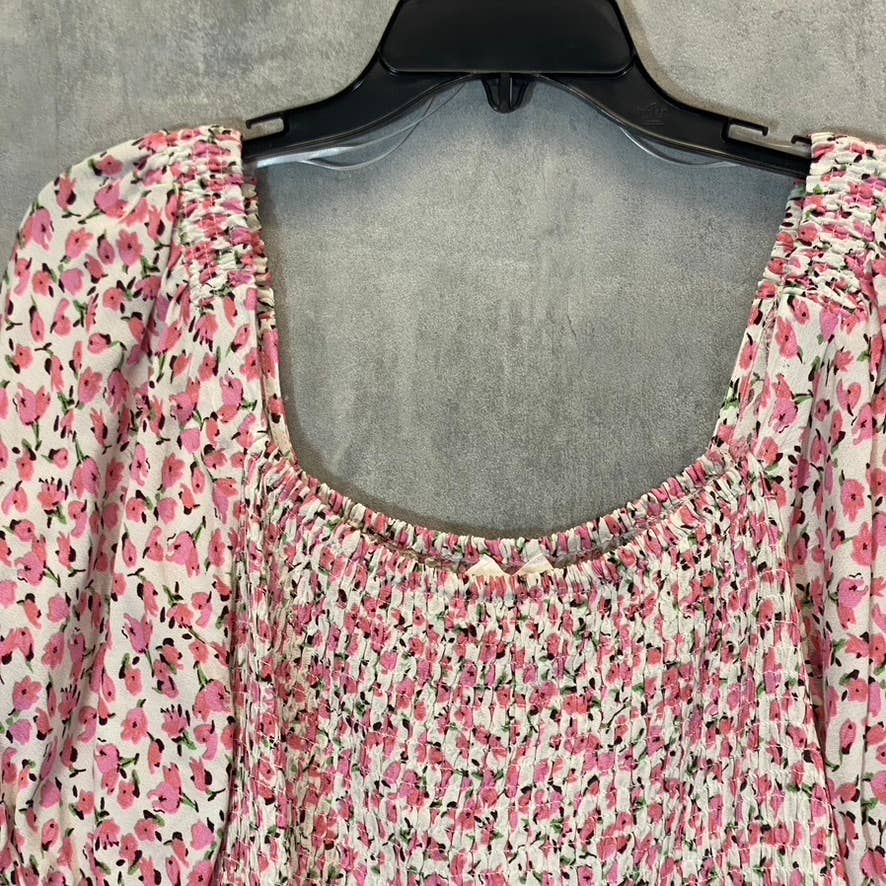 SOPHIE RUE Women's Pink Floral Print Shirred Blouse Puffy Sleeve Top SZ XL