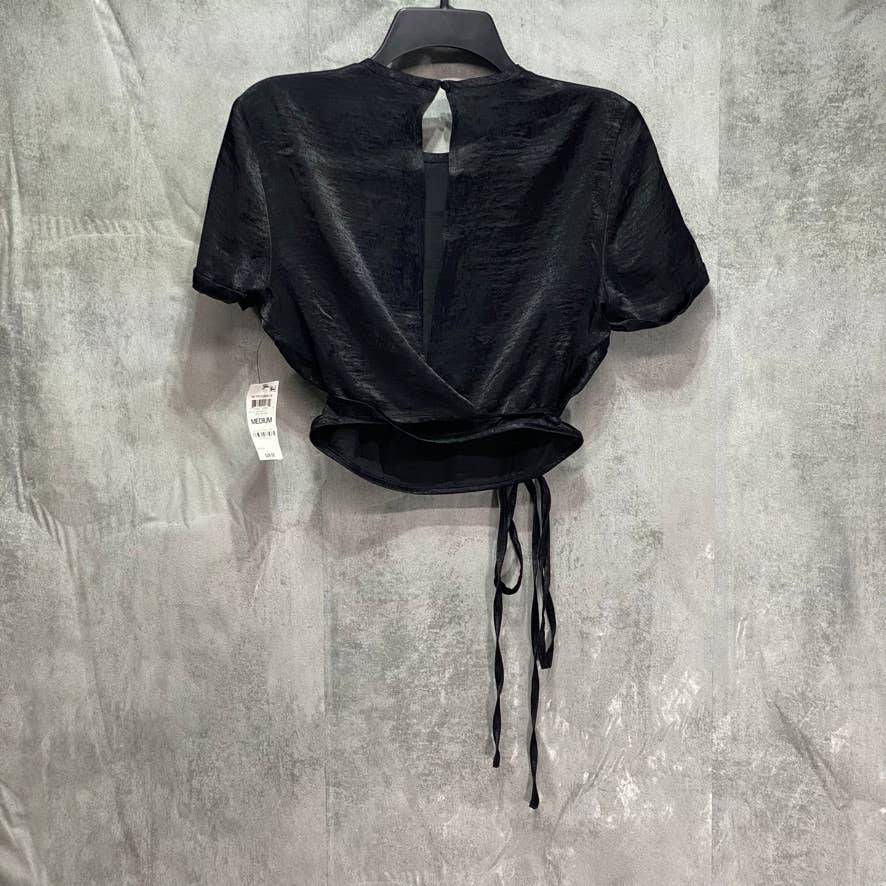 BAR III Solid Black Crewneck Open Back Crisscross-Strap Short Sleeve Cropped Top SZ M