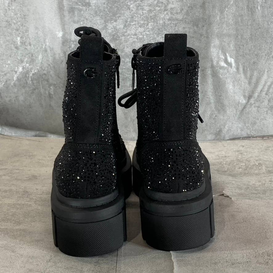 GUESS Women's Black Rhinestone Embellished Ferine Combat Lace-Up Boots SZ 5.5