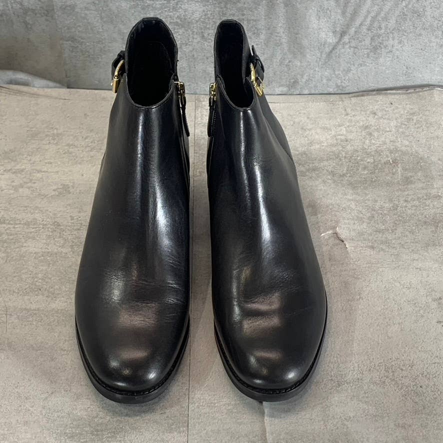 COLE HAAN Women's Black Leather Haidyn Block-Heel V-Cut Buckle Ankle Boots SZ 10