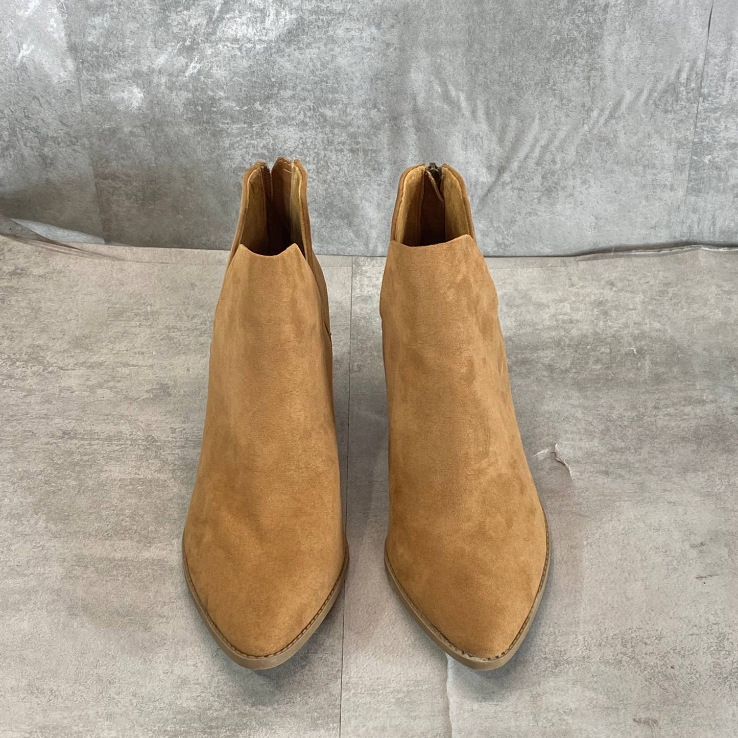 SUN+STONE Women's Tan Microsuede Elizaa Back-Zip Block-Heel Ankle Bootie SZ 10