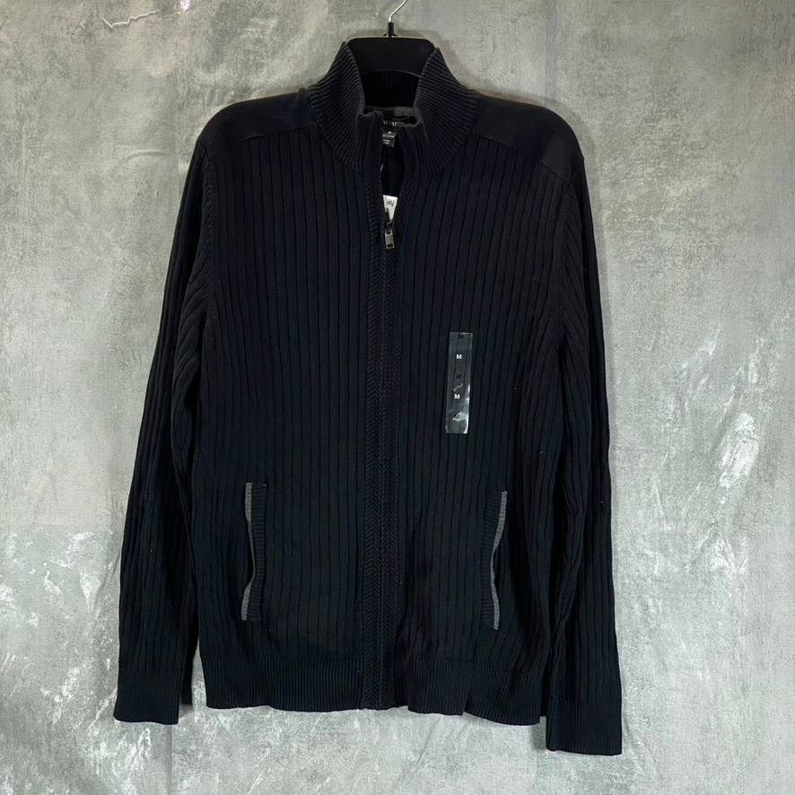 ALFANI Men's Deep Black Classic-Fit Ribbed Full-Zip Sweater M
