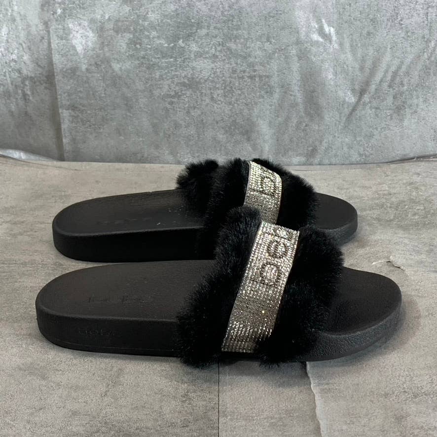 BEBE Women's Flynna Faux-Fur Rhinestone Embellished Slide Sandals SZ 7