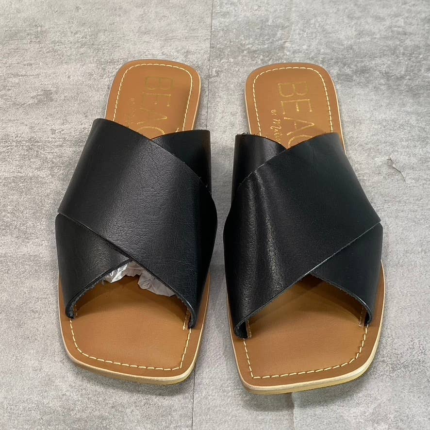 BEACH By MATISSE Women's Black Leather Taz Cross-Band Square-Toe Slide Sandals SZ 10
