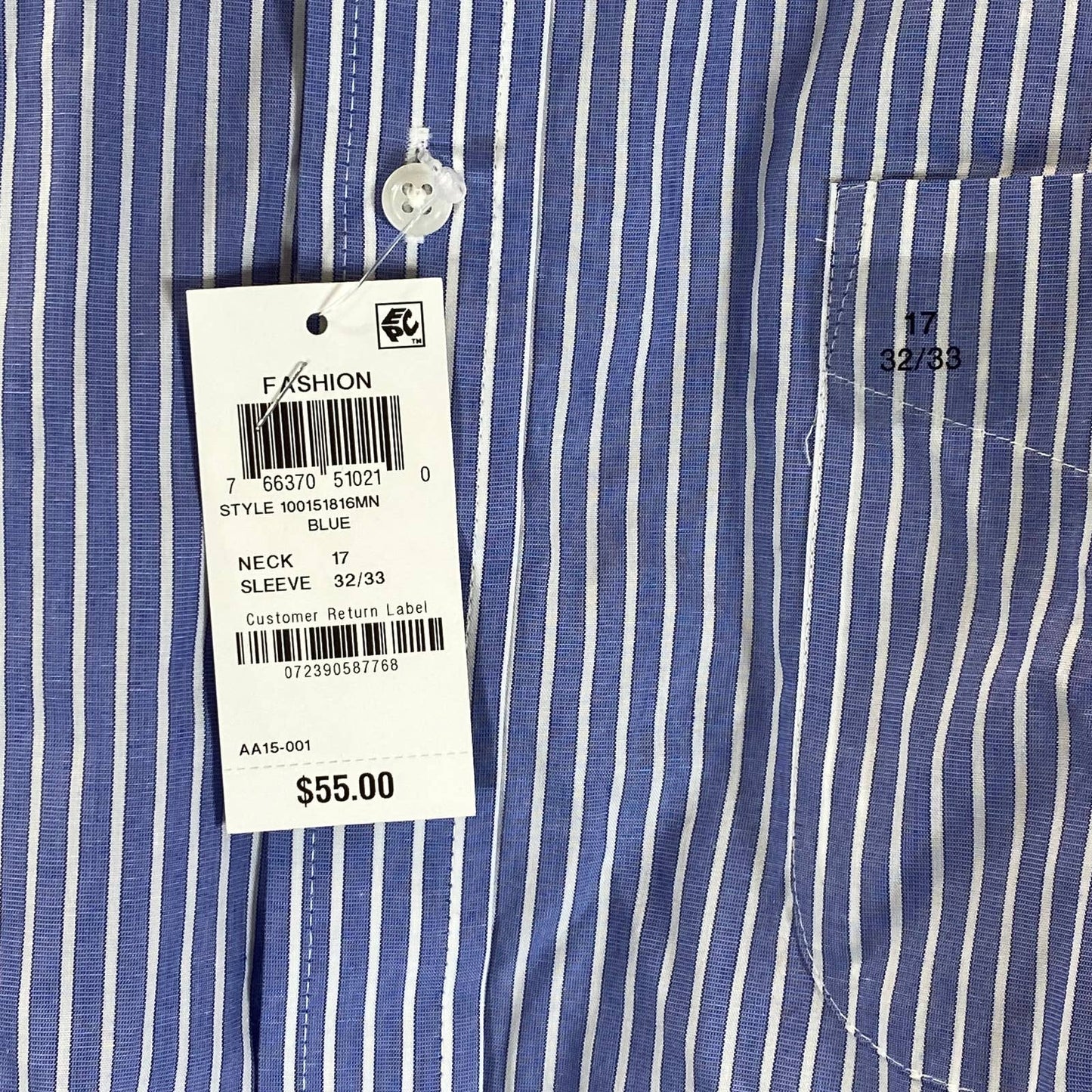 CLUB ROOM Men's Blue Striped Regular-Fit Button-Up Dress Shirt SZ 17 32/33