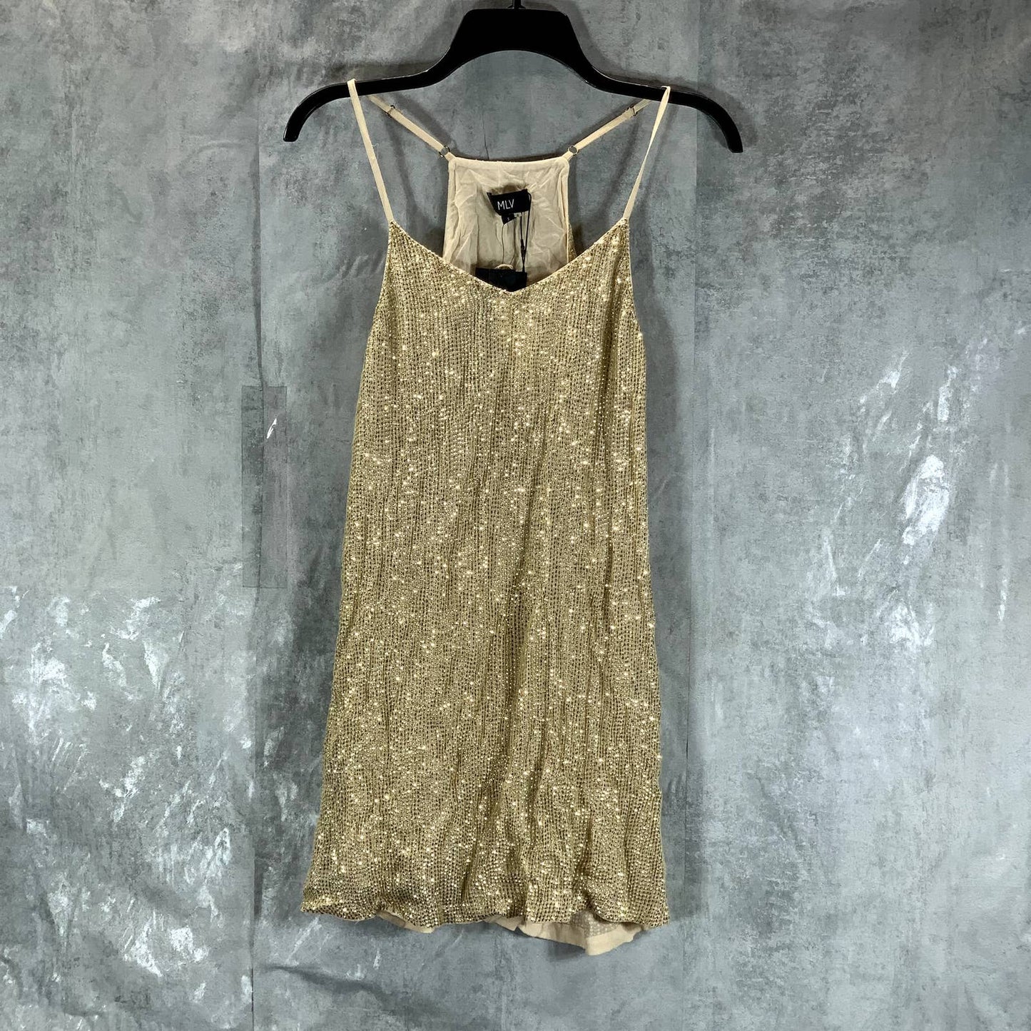 MLV Women's Gold Sequin Carmen V-Neck Adjustable-Straps Mini Dress SZ S