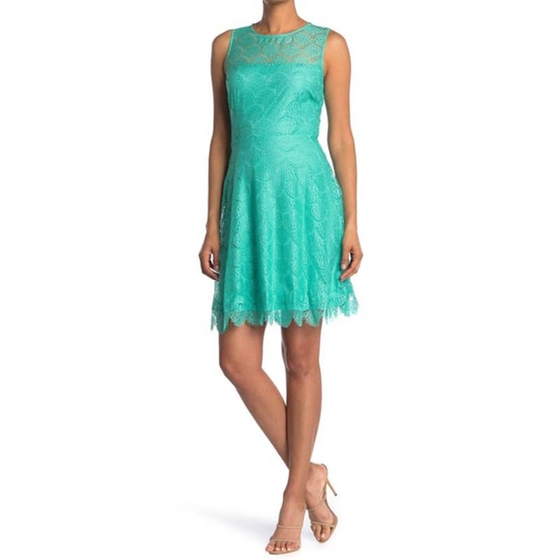 KENSIE Women's Turquoise Lace Sleeveless Keyhole Fit & Flare Mini Dress SZ 14