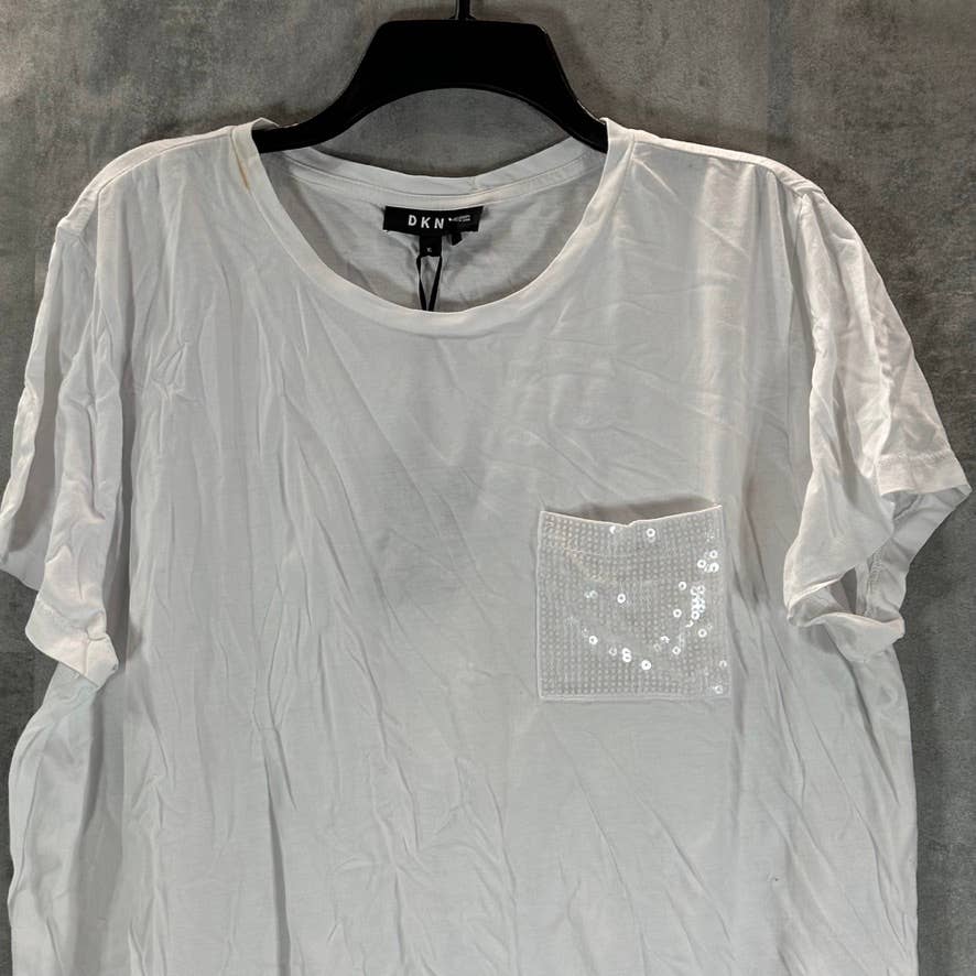 DKNY Women's White Sequin-Pocket Crewneck Short-Sleeve T-Shirt SZ XL