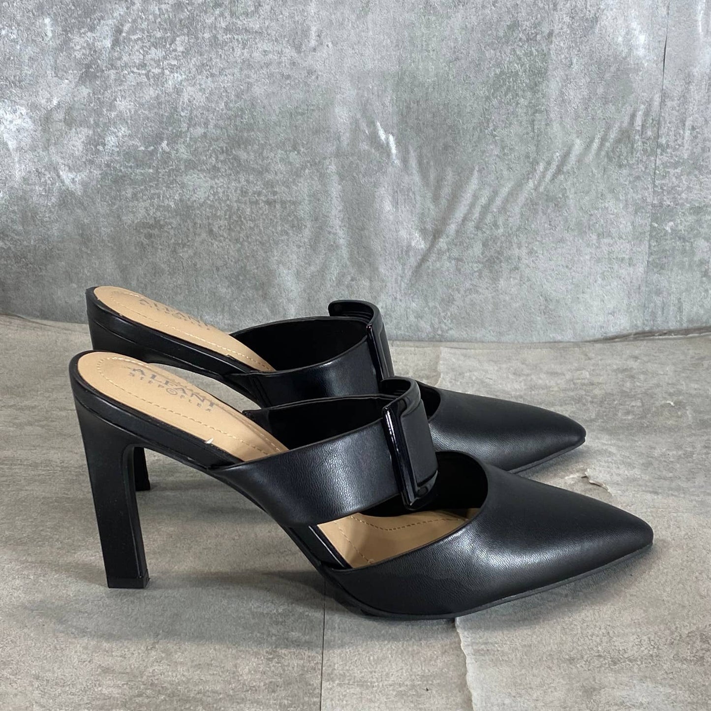 ALFANI Women's Black Smooth Sima Two-Piece Buckle Pointed-Toe Stiletto Mules