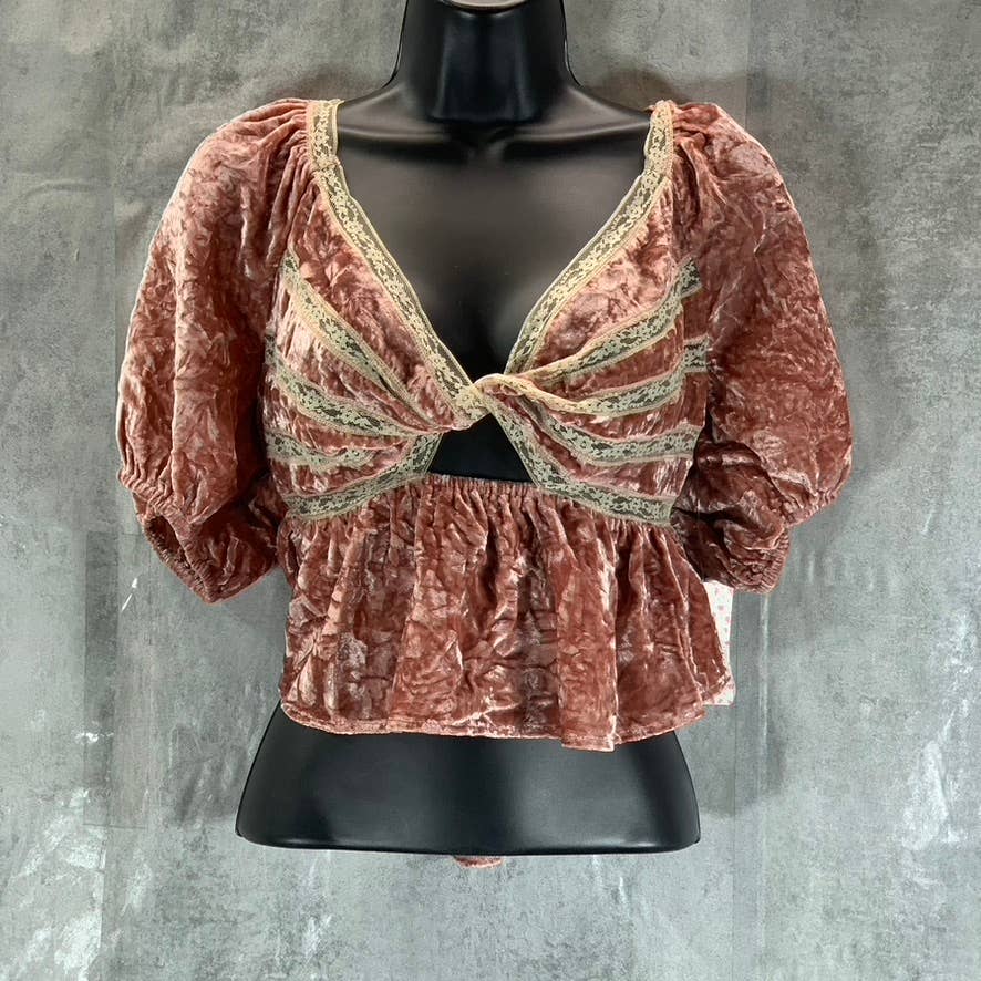 FREE PEOPLE Women's Mauve Yours Truly Twist-Front V-Neck Velvet Peplum Top SZ M