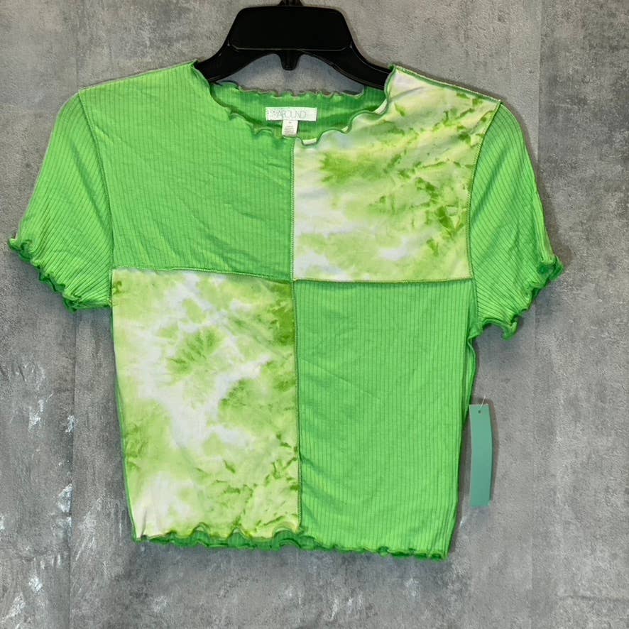 ABOUND Women's Green Summer Tie-Dye Colorblock Lettuce Edge Rib Short Sleeve Top SZ M