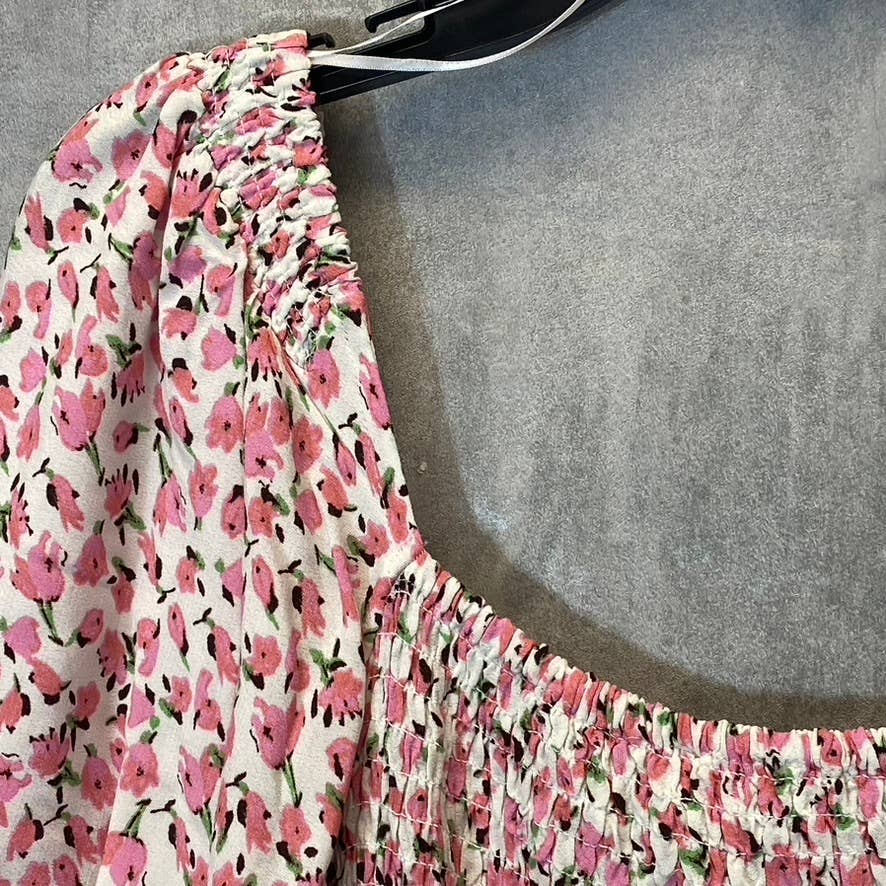 SOPHIE RUE Women's Pink Floral Print Shirred Blouse Puffy Sleeve Top SZ XL