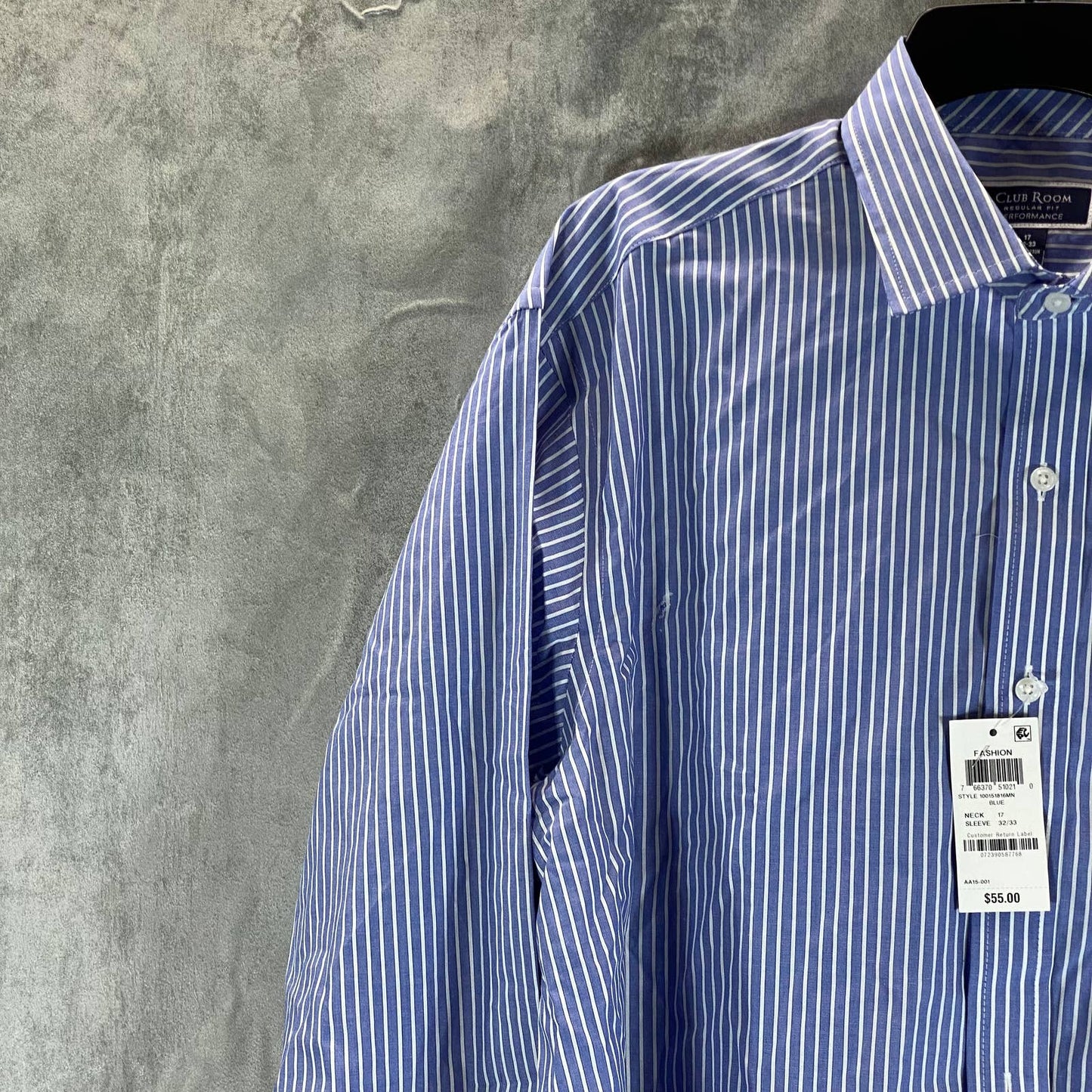 CLUB ROOM Men's Blue Striped Regular-Fit Button-Up Dress Shirt SZ 17 32/33