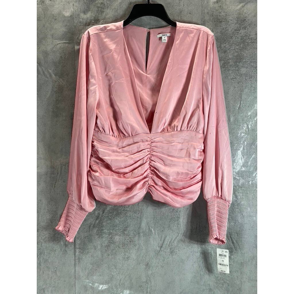 BAR III Women's Cupid Blush V-Neck Ruched Smocked Cuff Long-Sleeve Blouse SZ 14