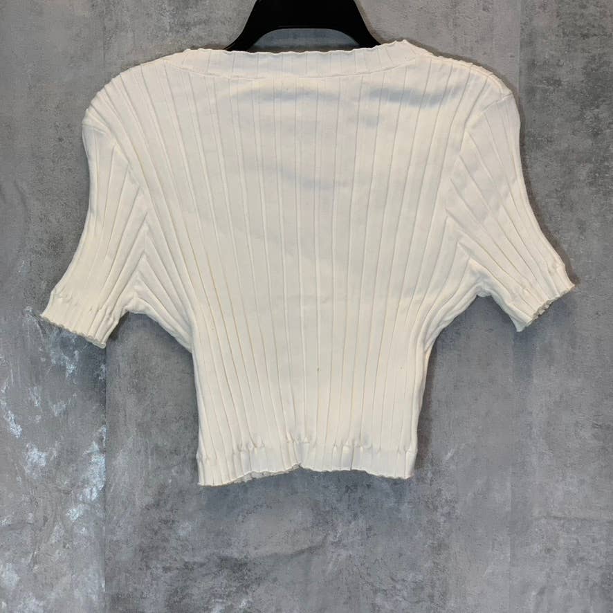 ENDLESS ROSE Women's White Ruffle Knit V-Neck Short Sleeve Crop Top SZ M