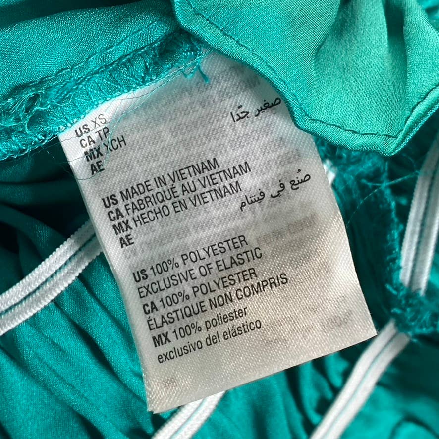 BAR III Women's Mid Green Satin Square-Neck Smocked Puff-Sleeve Top SZ XS