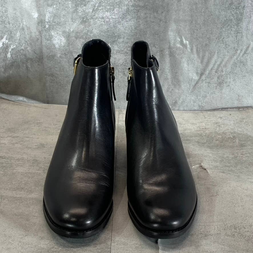 COLE HAAN Women's Black Leather Haidyn Block-Heel V-Cut Buckle Ankle Boots SZ 10