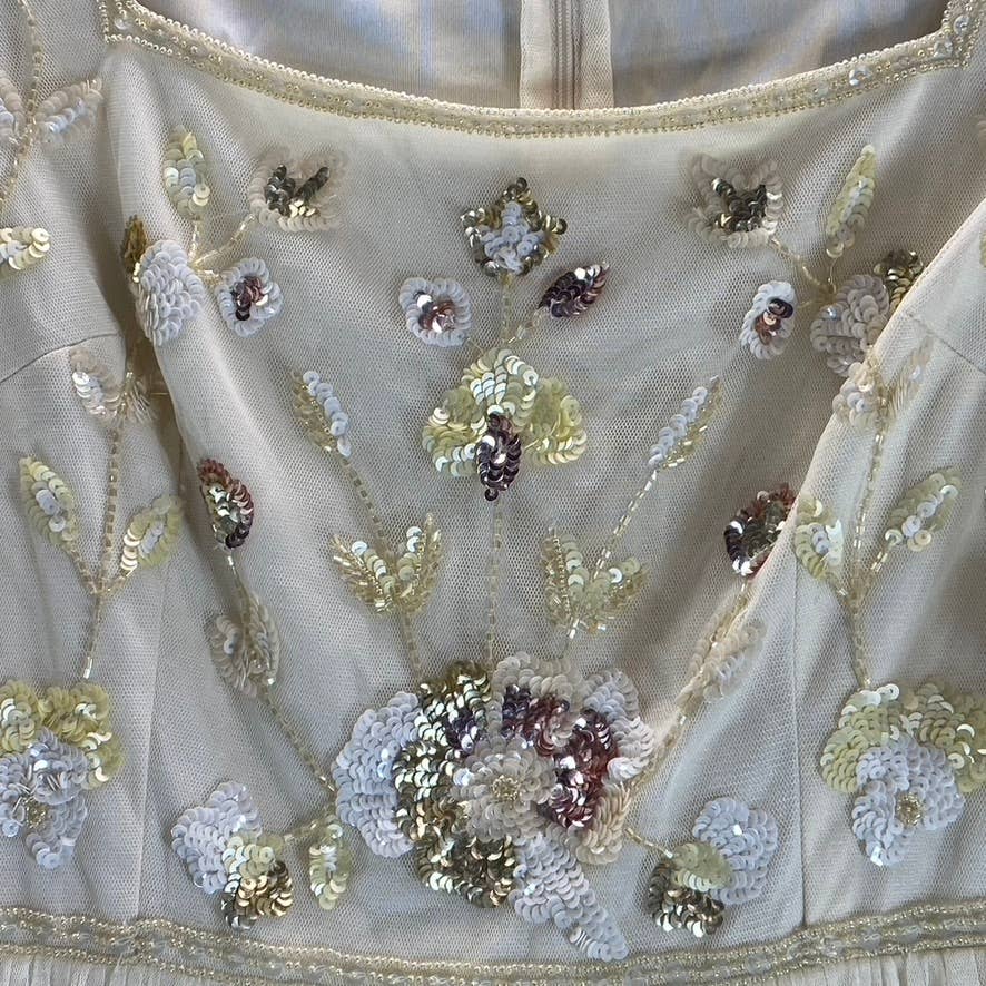 ADRIANNA PAPELL Women's Sandshell Beaded Mesh Short Elbow Sleeve Tulle Gown SZ6