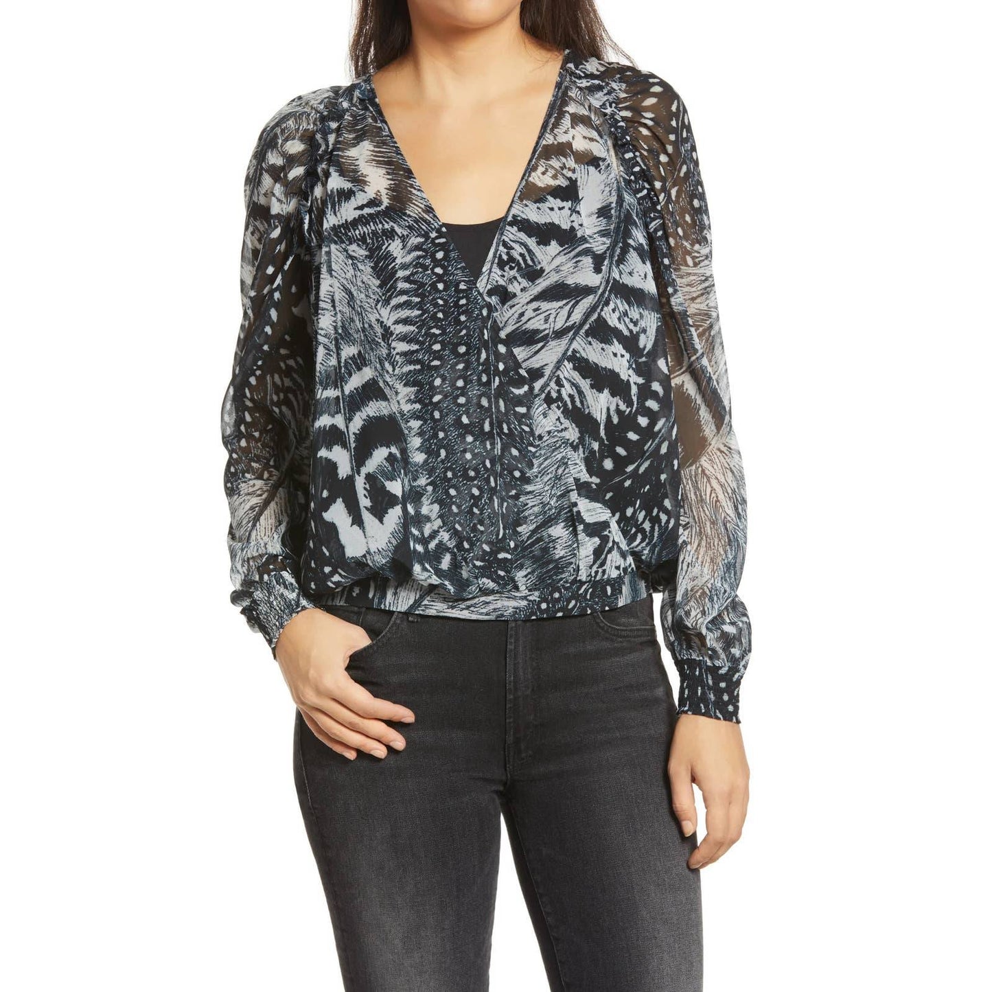 ALLSAINTS Black Fara Stretto Chiffon Monochrome Print Wrap Top SZ 4