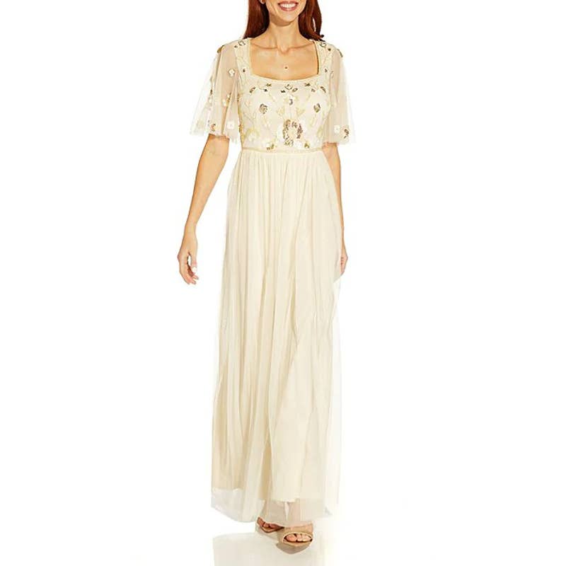 ADRIANNA PAPELL Women's Sandshell Beaded Mesh Short Elbow Sleeve Tulle Gown SZ6