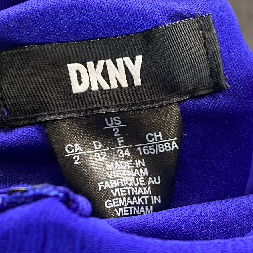 DKNY Women's Blue Ruffle Belted V-Neck Mesh Short-Sleeve Midi Dress SZ 2