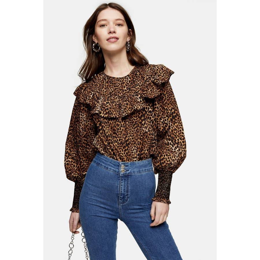 TOPSHOP Leopard Animal Print Yoke Poplin Long Sleeve Blouse SZ 6