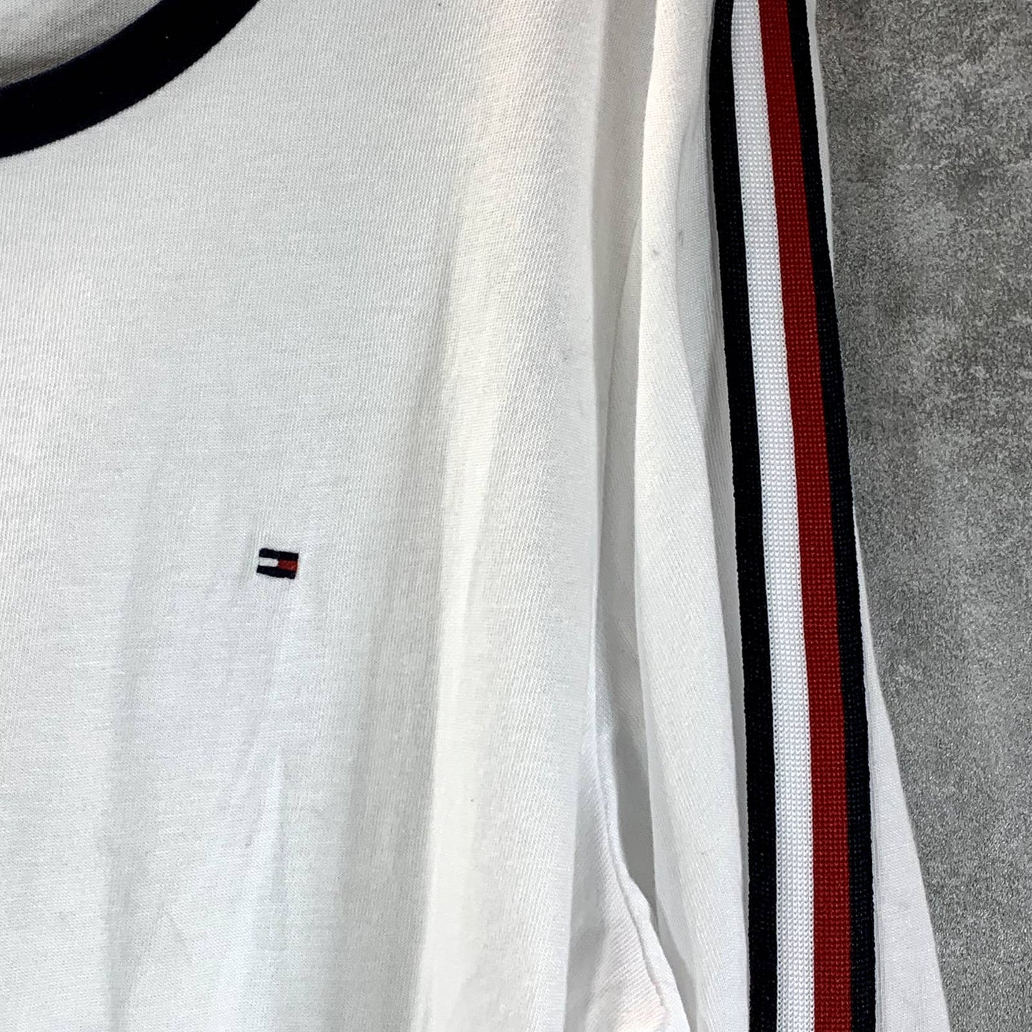 TOMMY HILFIGER Women's White Charm Crewneck 3/4 Stripe-Sleeve Top SZ M