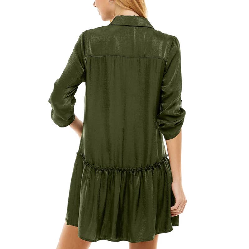 KINGSTON GREY Juniors' Olive Ruffle-Hem Long-Sleeve Button-Front Shirtdress SZXS
