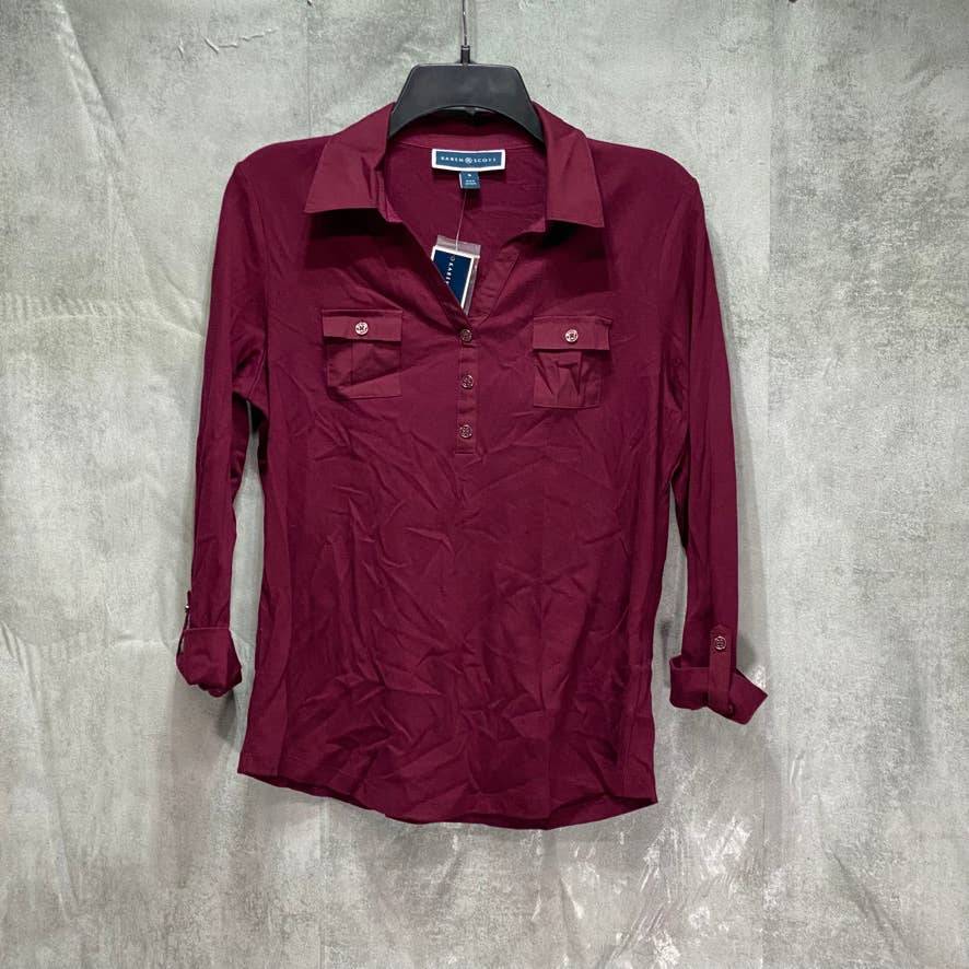 KAREN SCOTT Merlot Cotton 3/4 Roll-Tab-Sleeve Collar Top SZ M