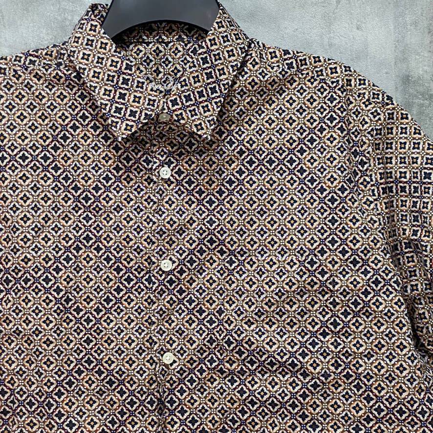 TASSO ELBA Brown Diamante Pattern Button Down Short Sleeve Shirt SZ L