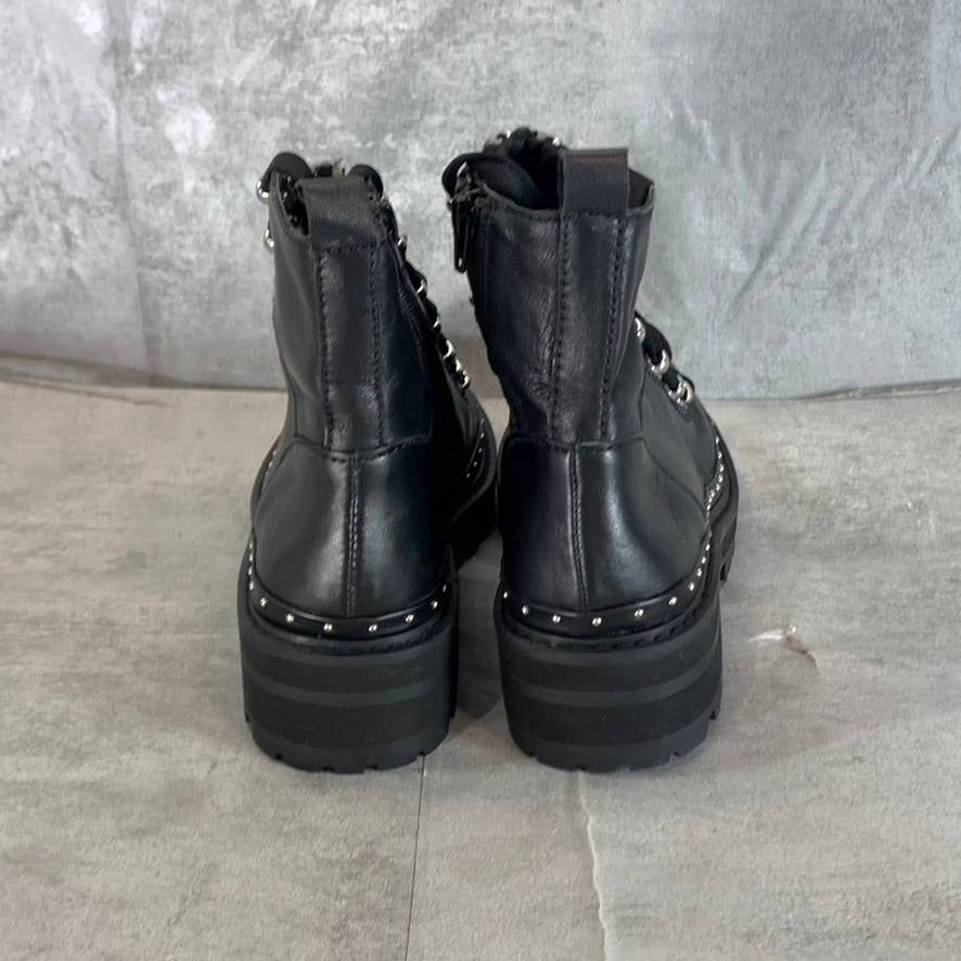 STEVE MADDEN Women's Black Leather Rainier Lace-Up Woven Lug-Sole Boots SZ 6.5