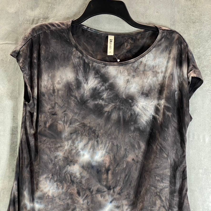 24SEVEN Women's Charcoal Tie-Dye Crewneck Hi-Low Hem Short-Sleeve Tunic Top SZXL