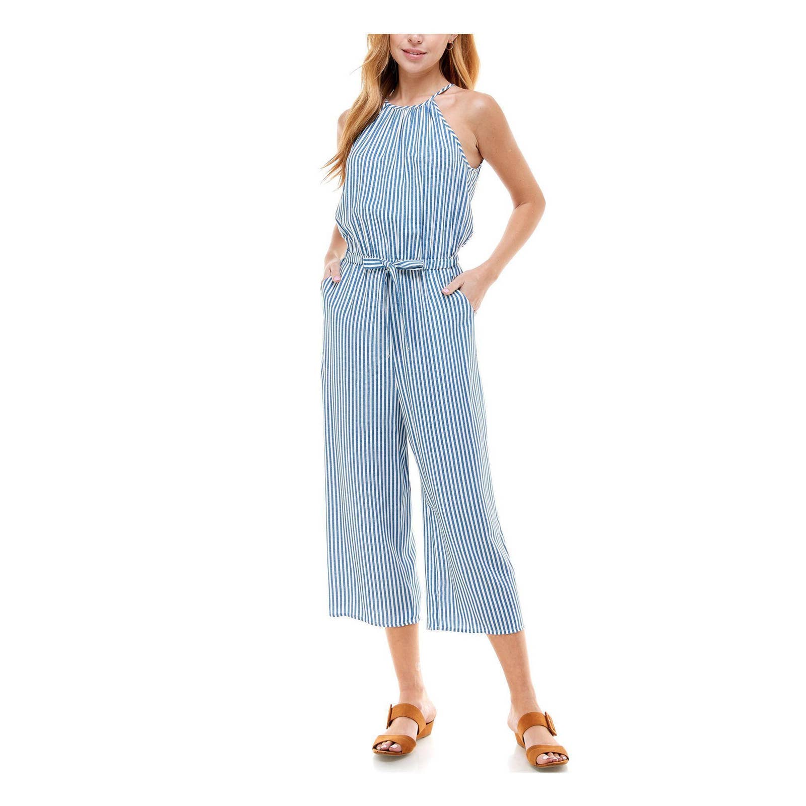 KINGSTON GREY Juniors' Chambray Sleeveless Pocketed Halter Cropped Jumpsuit SZ L