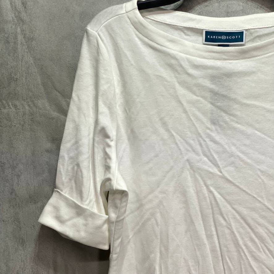 KAREN SCOTT Solid White Cuffed Elbow Sleeve Boatneck Top SZ L