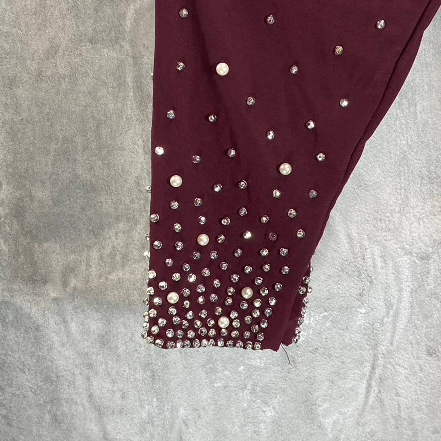 MSK Women's Burgundy V-Neck Rhinestone Embellished 3/4 Sleeve Midi Dress SZ M
