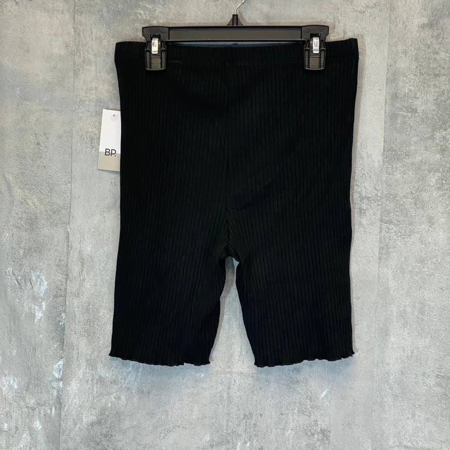 BP. Women's Solid Black Ribbed Lettuce Hem Pull-On Biker Shorts SZ S