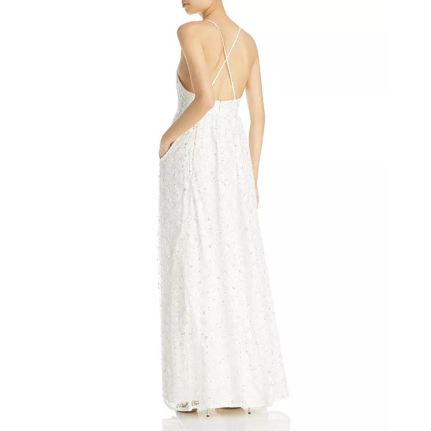 AIDAN By AIDAN MATTOX Women's Ivory Embroidered V-Neck Spaghetti Strap Ball Gown